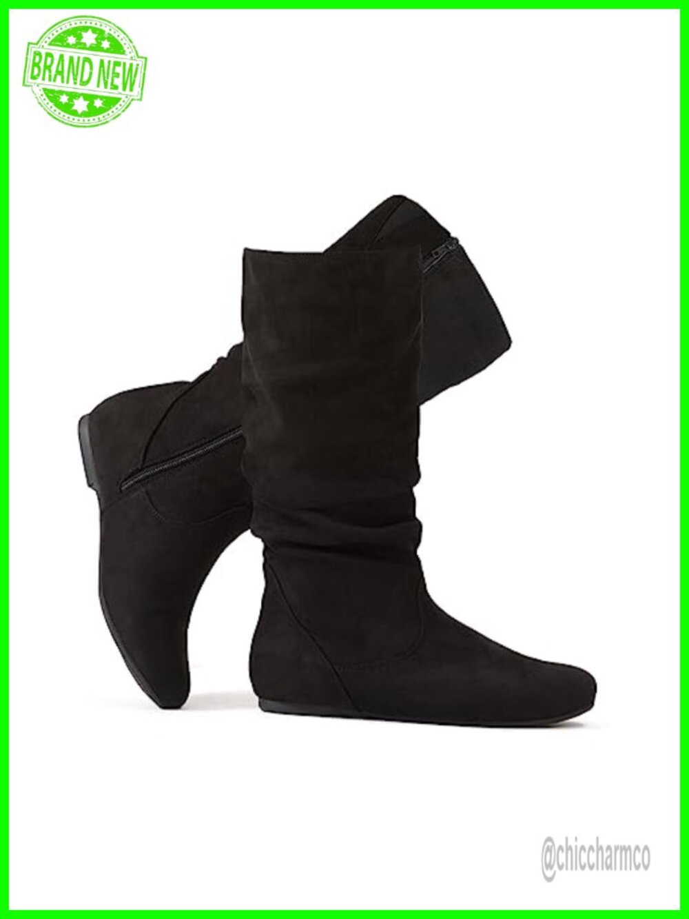 Faux Suede Slouchy Mid Calf Flat Boots Zip Up Comfort